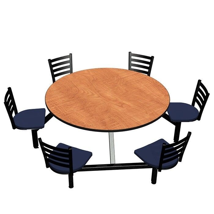 A round table with four chairs around it on a white background
