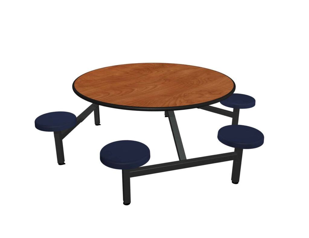 A round table with four blue seats on a white background