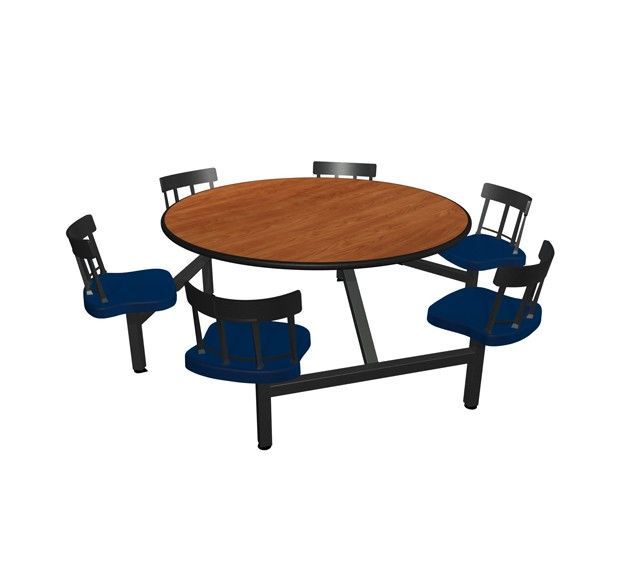A round table with four blue chairs around it on a white background