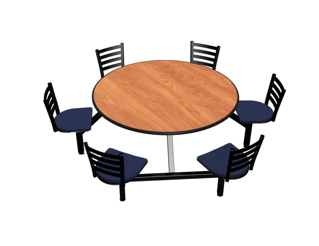 A round table with four chairs around it on a white background