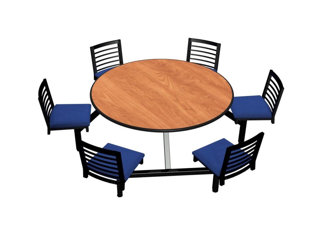 A round table with blue chairs around it on a white background