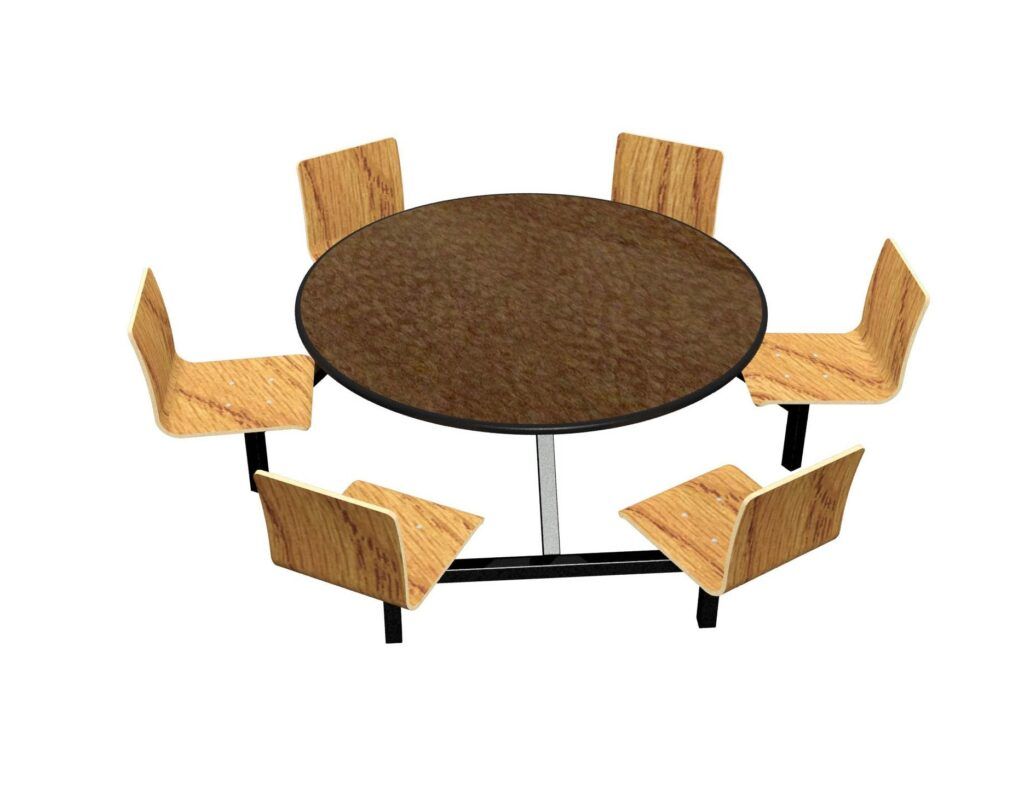 A round table with wooden chairs around it