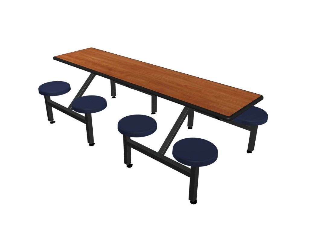 A wooden picnic table with blue stools on a white background