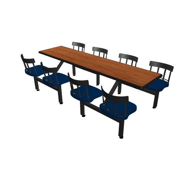 A wooden table with blue chairs on a white background.