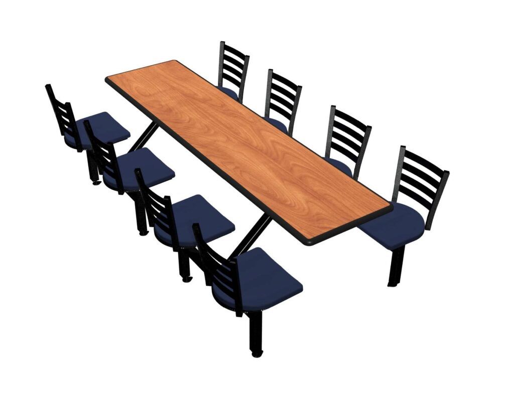 A long wooden table with blue chairs on a white background