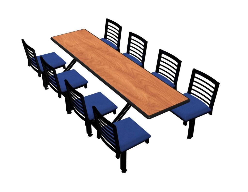 A long wooden table with blue chairs around it