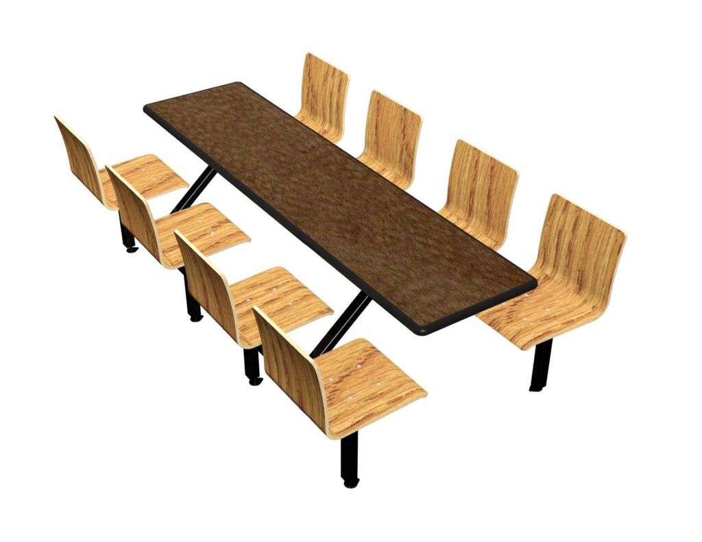 A 3d model of a wooden table and chairs
