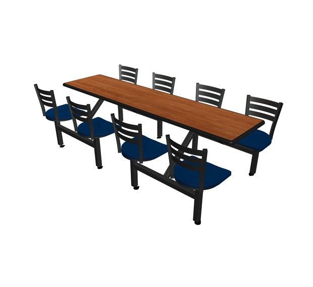 A wooden table with blue chairs on a white background.