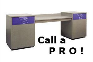 A picture of a desk with two trash cans and the words `` call a pro ''.
