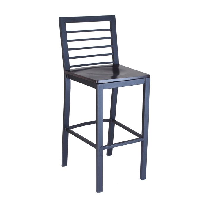 A black bar stool with a wooden seat on a white background