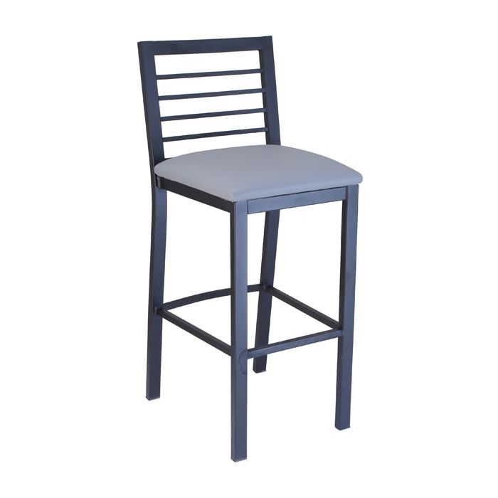 A black bar stool with a grey cushion on a white background.