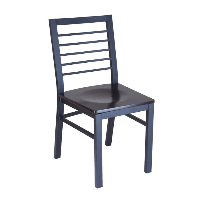 A black wooden chair with a striped back on a white background