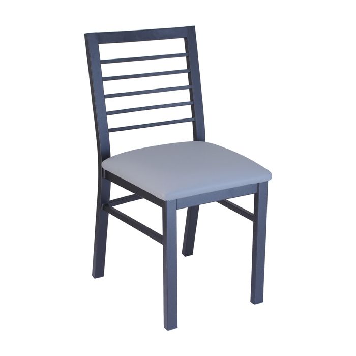A black chair with a grey cushion on a white background.