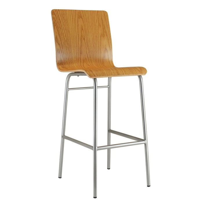A wooden bar stool with a metal frame on a white background