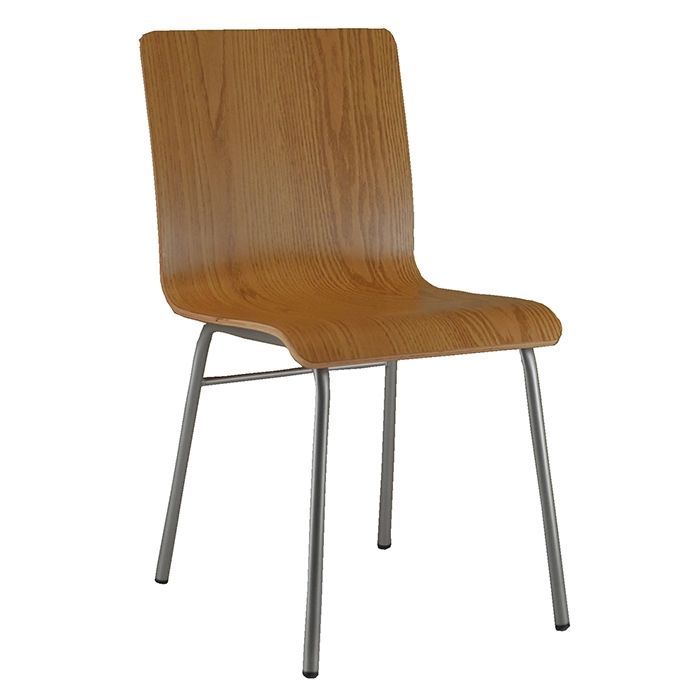 A wooden chair with metal legs on a white background.