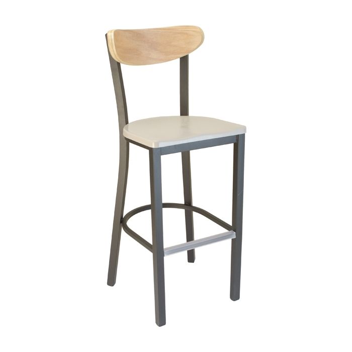 A bar stool with a wooden back on a white background