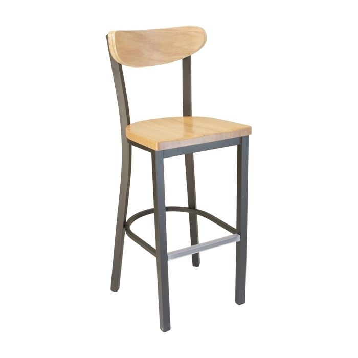 A wooden bar stool with a metal frame on a white background