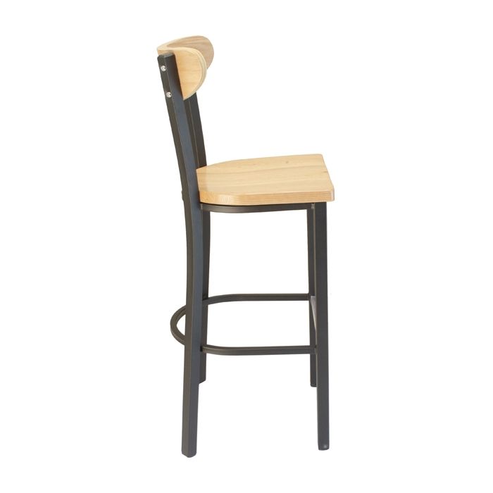 A bar stool with a wooden seat and back on a white background