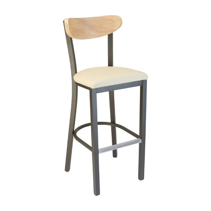 A bar stool with a wooden back and a white seat