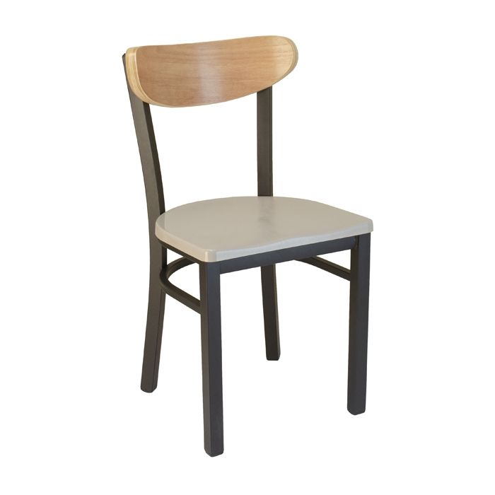 A chair with a wooden back and a white seat