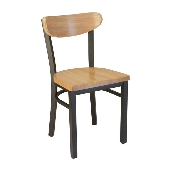 A wooden chair with a black frame on a white background
