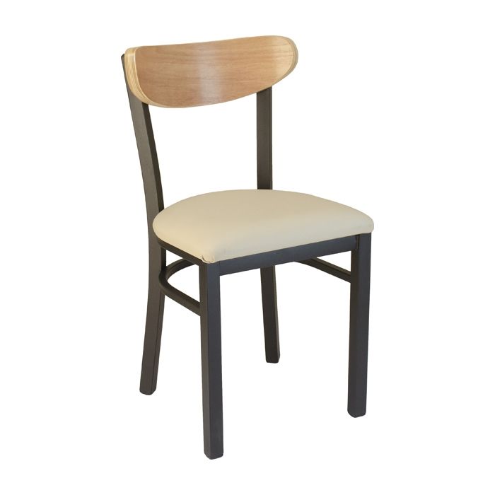 A chair with a wooden back and a white seat
