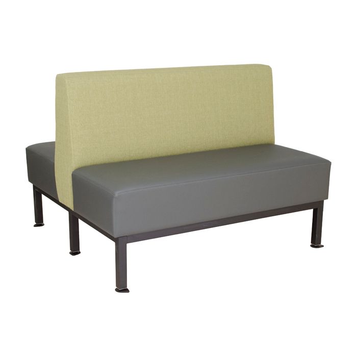 A grey and yellow couch with a metal frame on a white background.