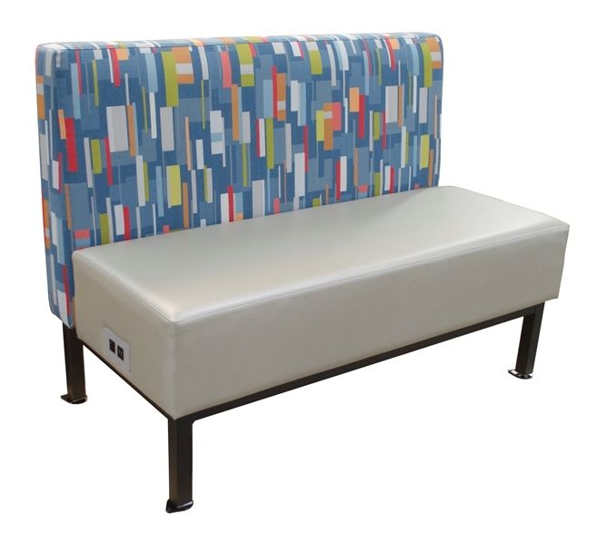 A couch with a colorful back and a white seat on a white background.