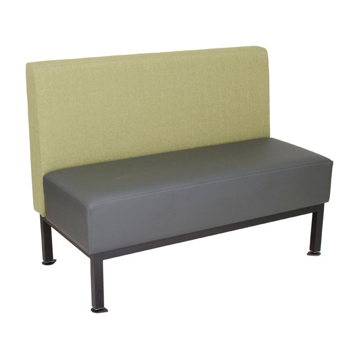 A grey and yellow couch with black legs on a white background