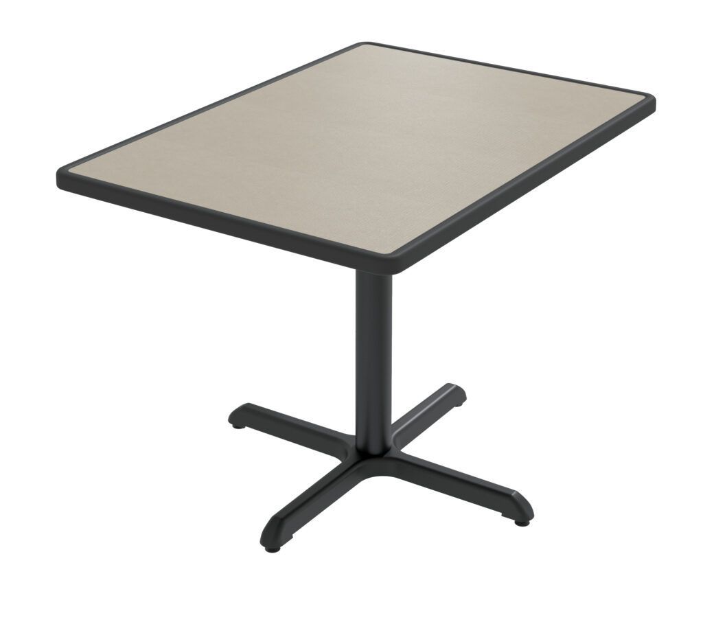 A square table with a black base on a white background
