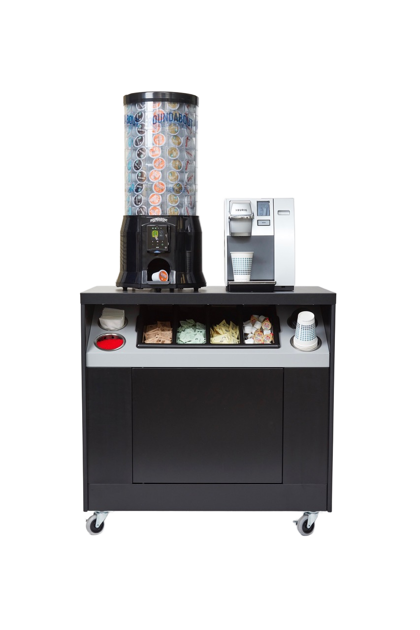 A black coffee cart with a coffee machine and cups