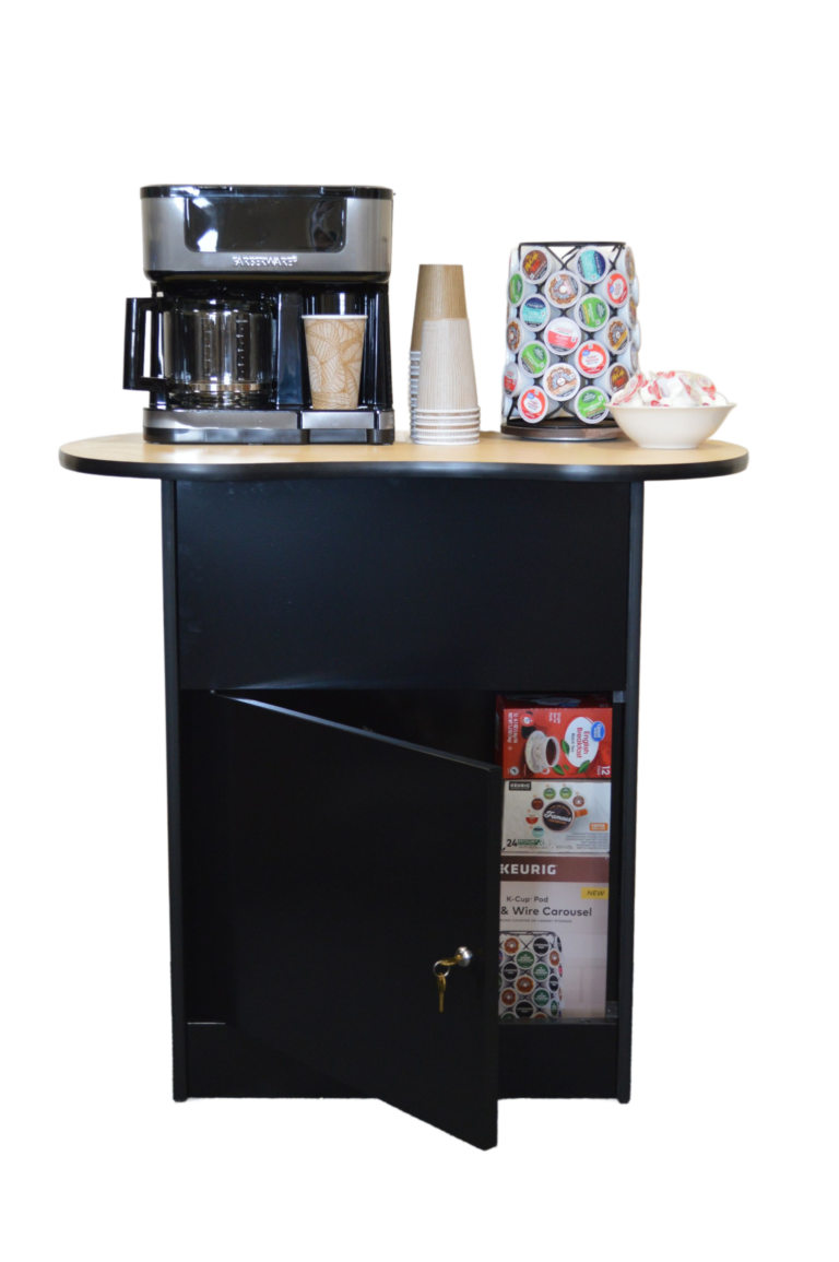 A coffee station with a coffee maker , cups , and k cups.