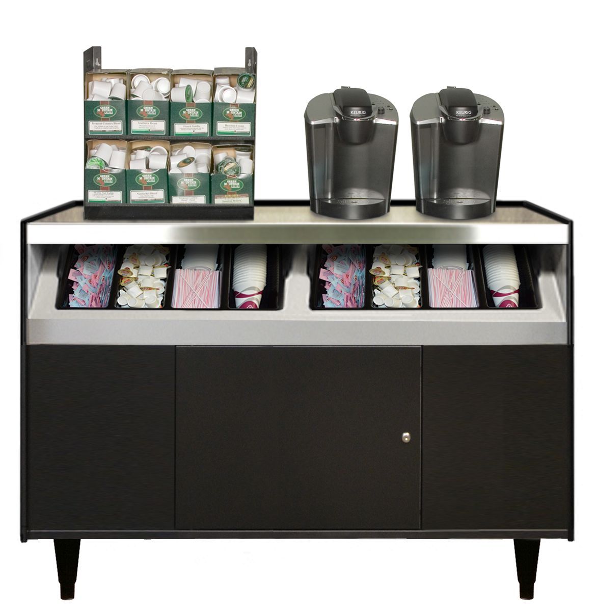 A coffee station with two keurig coffee makers on top of it