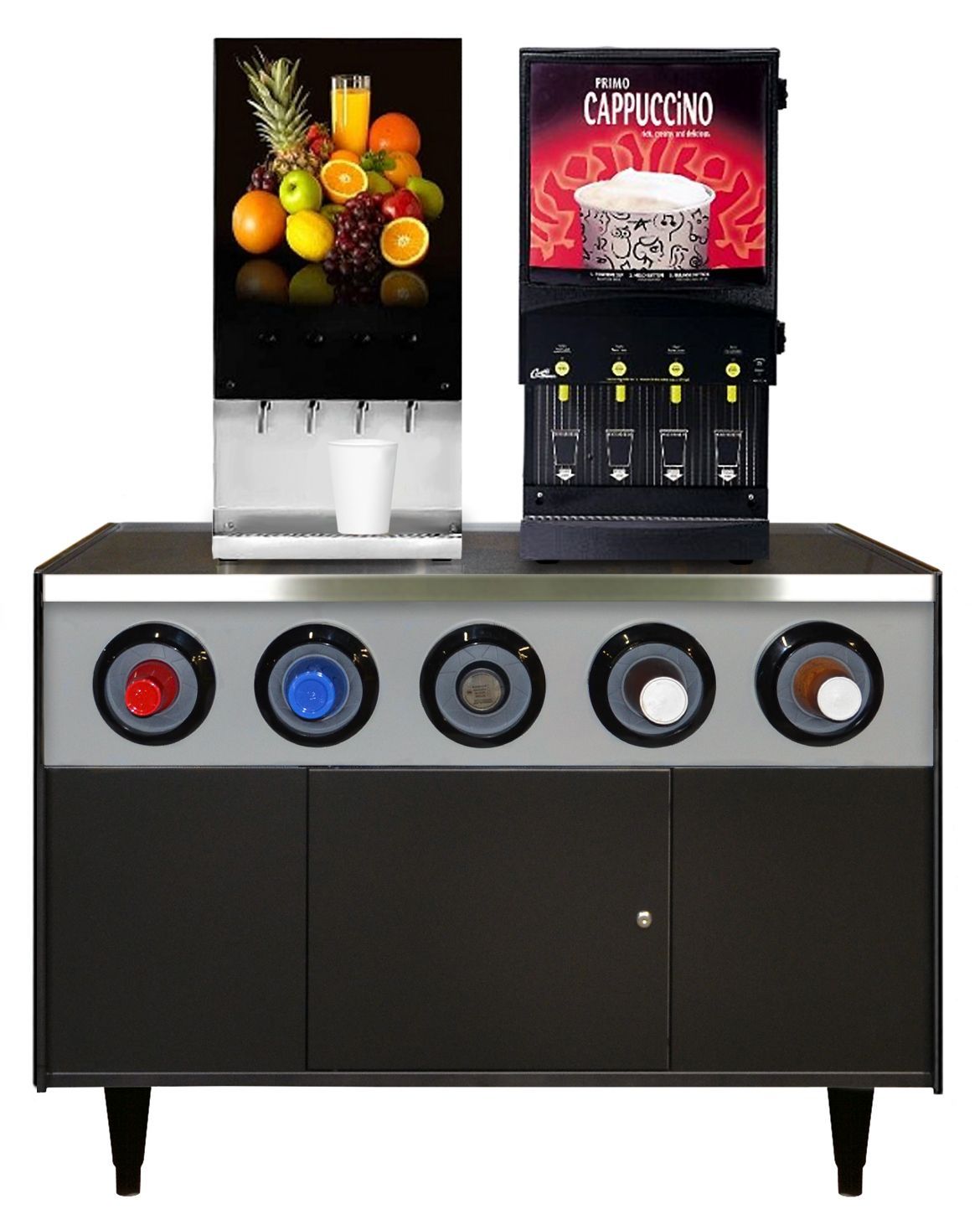 A table with a cappuccino machine and a fruit juice machine