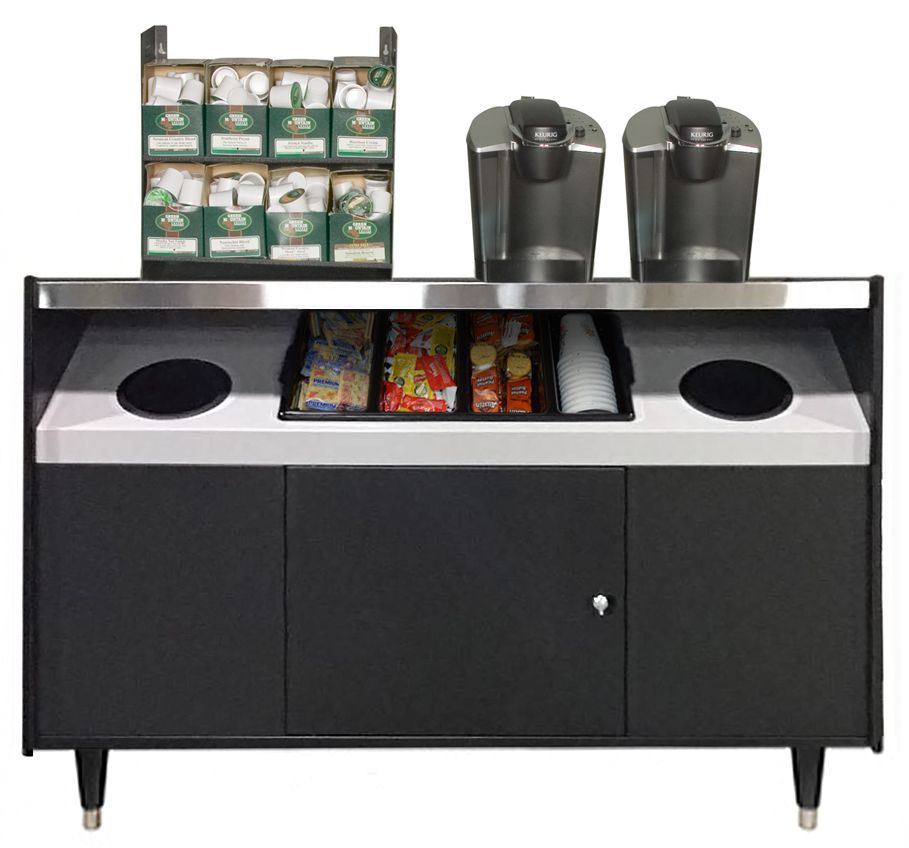 A coffee station with two coffee makers and boxes of coffee