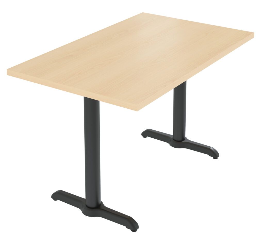 A wooden table with two black legs on a white background