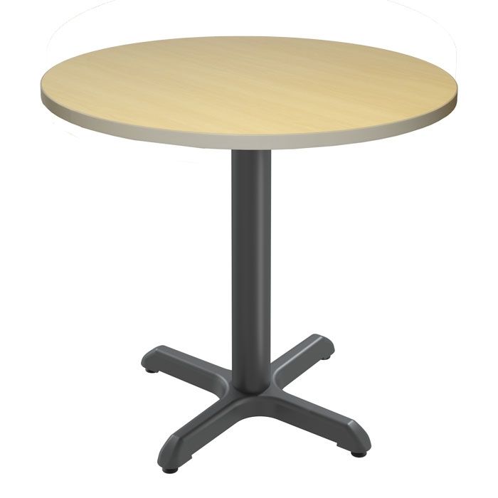 A round table with a black base on a white background