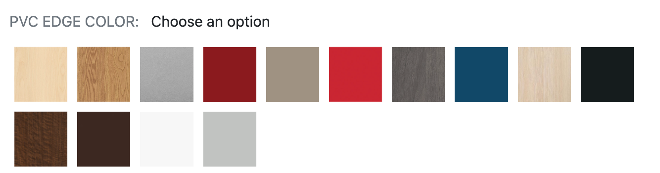 A row of squares with the words pvc edge color choose an option