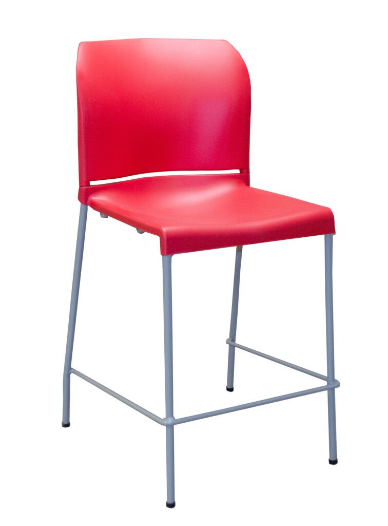 A red chair with a metal frame on a white background.
