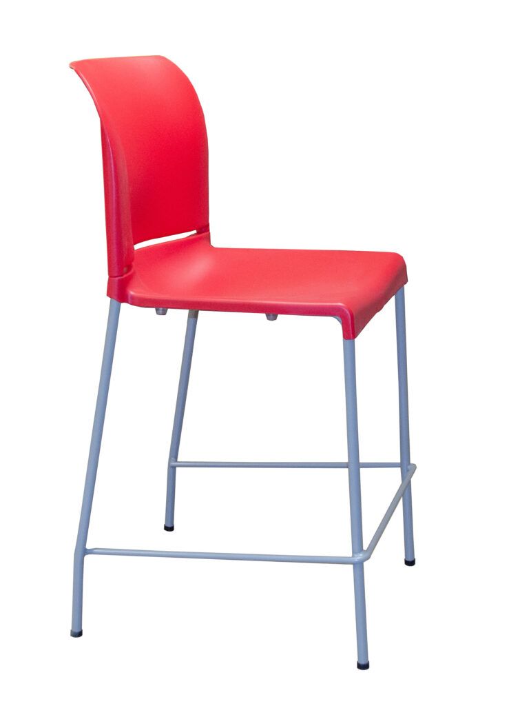 A red plastic bar stool with a metal frame on a white background.