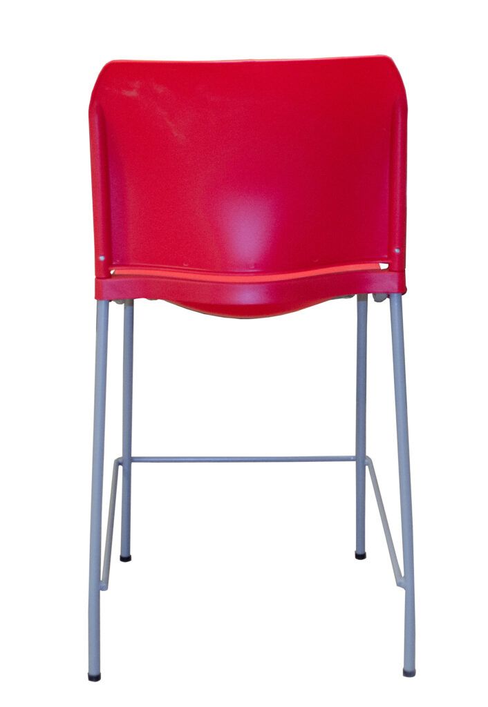 A red plastic chair with metal legs on a white background
