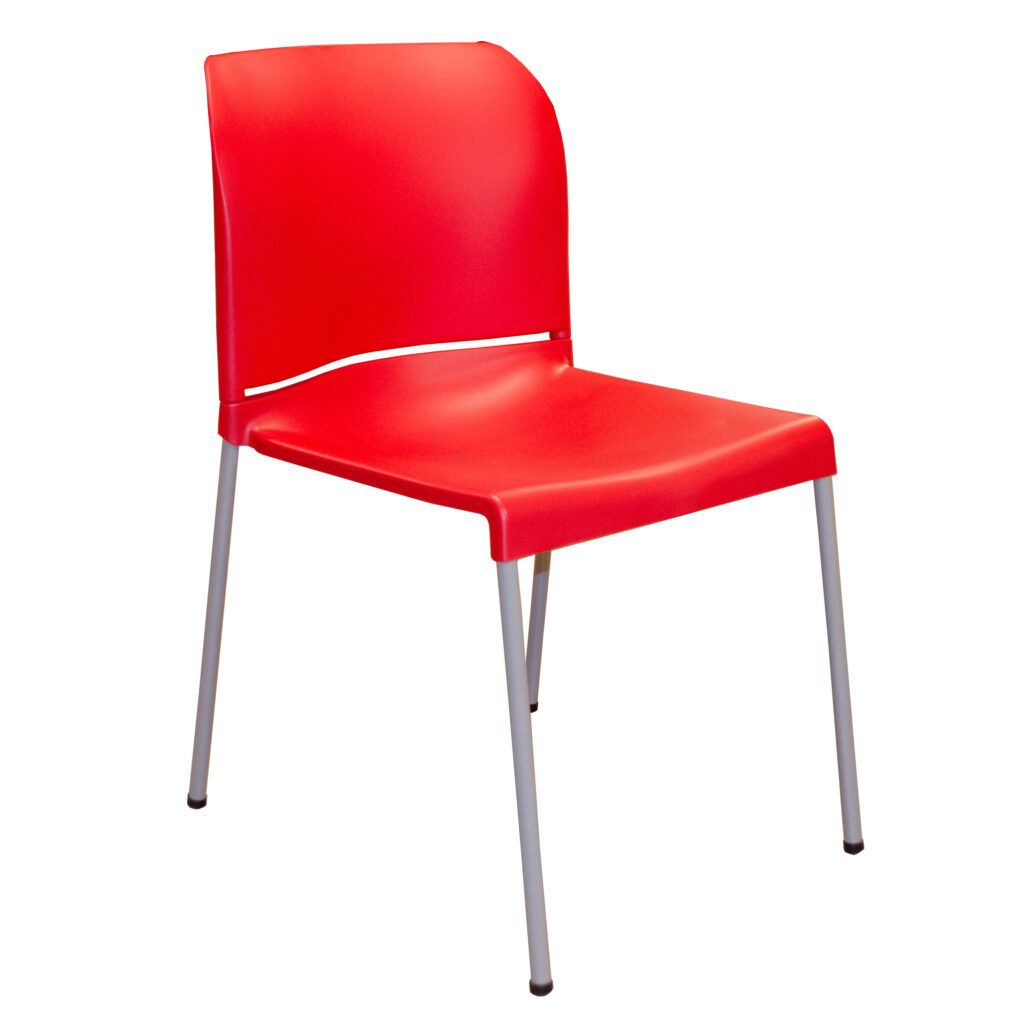 A red plastic chair with metal legs on a white background