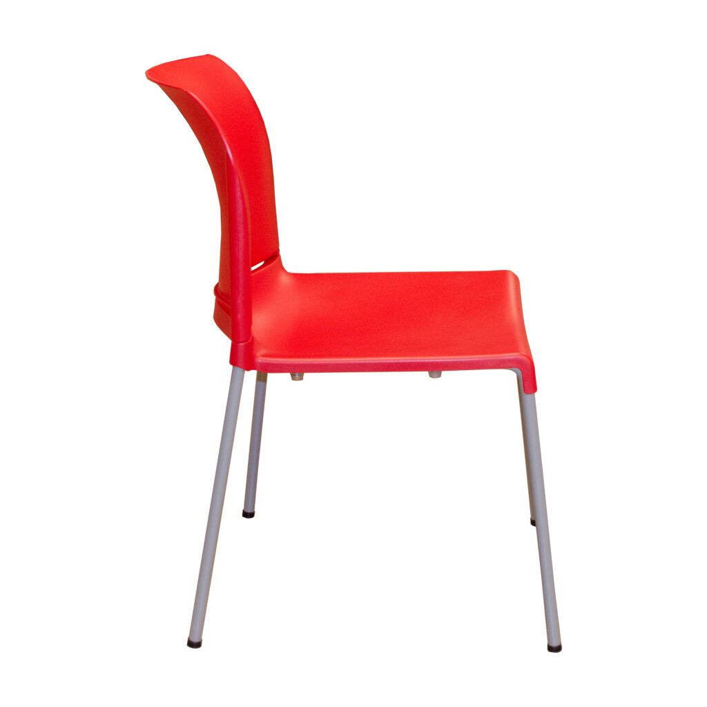 A red plastic chair with metal legs on a white background