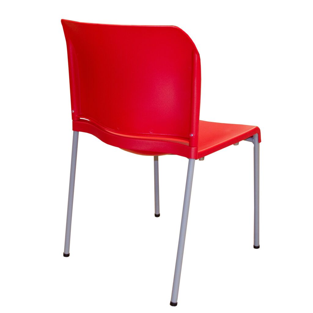 The back of a red chair with metal legs on a white background.