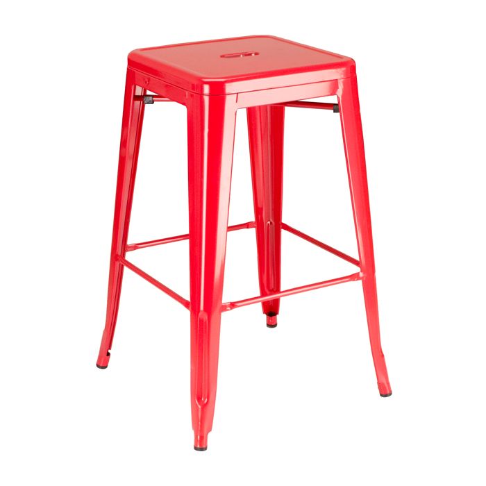 A red bar stool is sitting on a white surface.