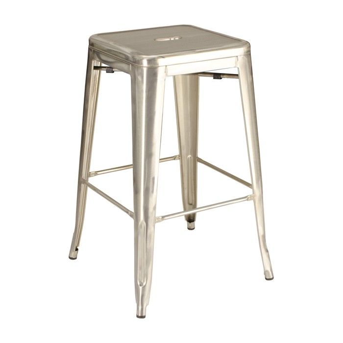 A silver metal bar stool on a white background.