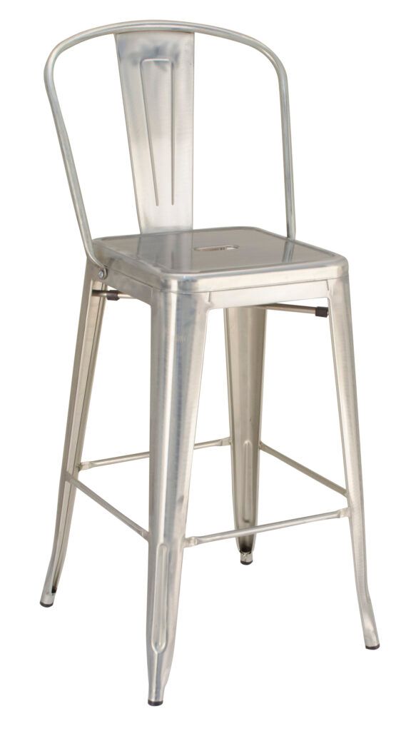 A silver bar stool with a back rest on a white background