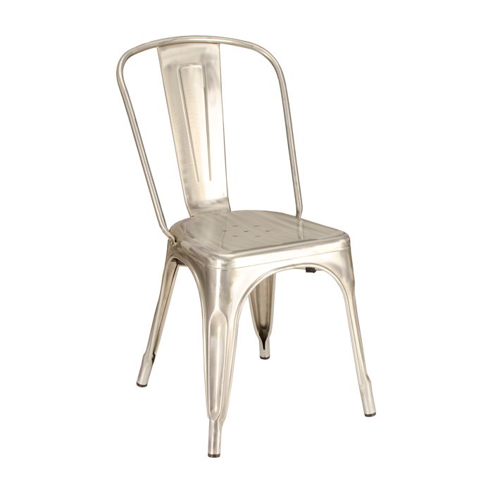 A silver metal chair is sitting on a white background.