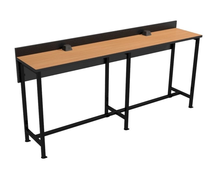 A long wooden table with a black frame on a white background.