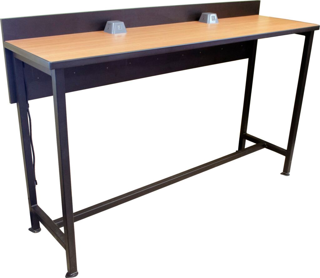 A long wooden table with a black frame on a white background